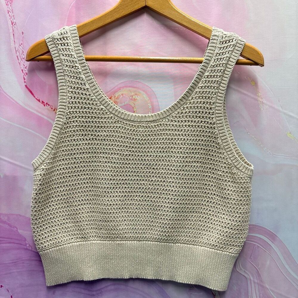Skies Are Blue M Tan Open Knit Crop Top Boho Hippie Chic Coastal Preppy Artsy